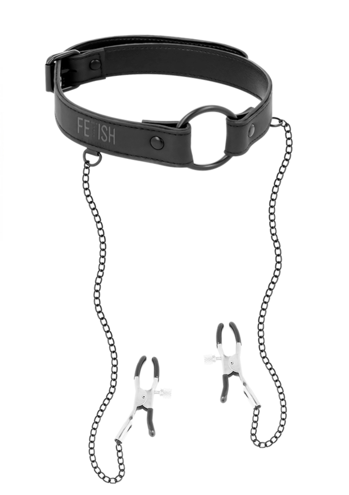 RING GAG WITH NIPPLE CLAMPS.